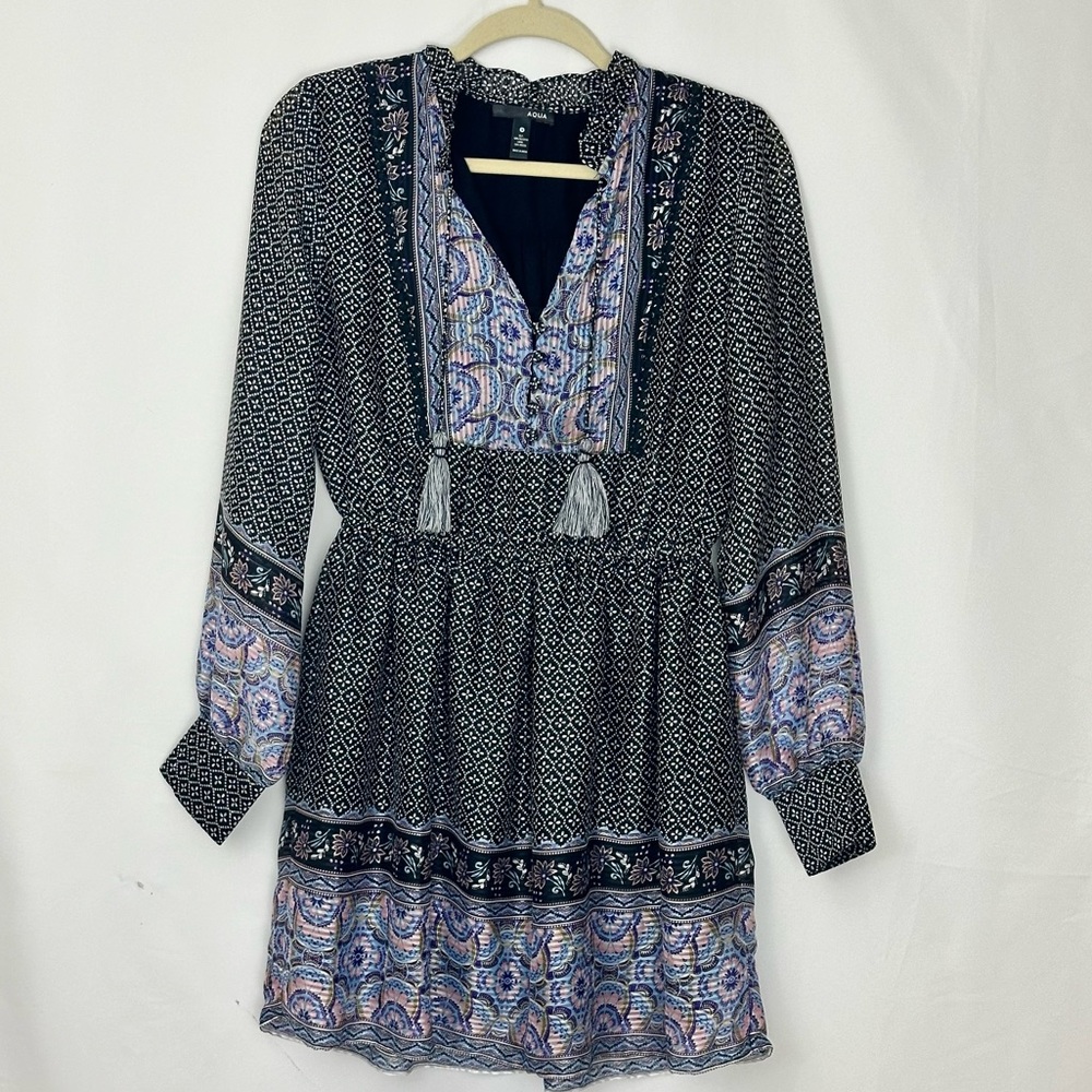 Aqua Bohemian Black Mini Dress long sleeve tassel ties size small vacation boho